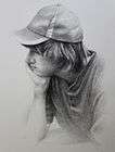graphite drawing of pensive young blue collar worker,wearing cap and worn clothing, dreaming of future inventions