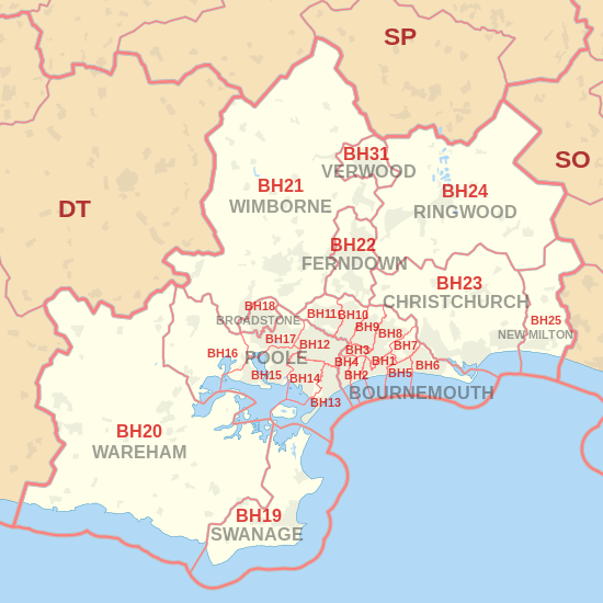 BH postcode area map, showing postcode districts, post towns and neighbouring postcode areas.
