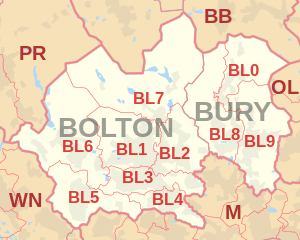 BL postcode area map, showing postcode districts, post towns and neighbouring postcode areas.