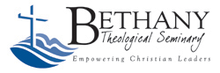 The logo of Bethany Theological Seminary depicts a white Latin cross on a background of several shades of blue creating a wave at its feet. The university's name and motto ("Empowering Christian Leaders") are written to the right in black