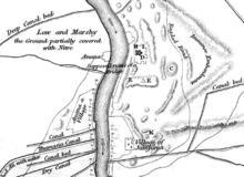 Map showing the terrain at the site of Babylon as it was in 1829. Various mounds, outcrops and canals are shown, with the river Tigris running through the middle. At the centre of the map is a mound marked "E" where the Cyrus Cylinder was discovered in March 1879