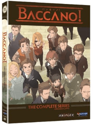 A DVD cover. A brown bar at the top reads "Baccano!" in red text; another brown bar at the bottom displays "The Complete Series", also in red. Between the two bars is a picture of a group of nine men, three women and a boy.