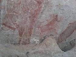 Prehistoric rock art pictographs of the Cochimi in the Sierra de San Francisco mountain range.