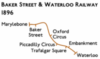 Route diagram showing line running from Marylebone at top left to Waterloo at bottom right