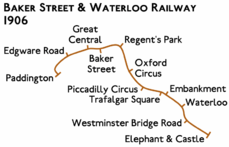 Route diagram showing line running from Paddington at left to Elephant & Castle at bottom right. The Paddington end is hooked downwards.