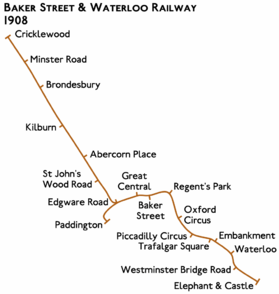 Route diagram showing line running from Paddington at left to Elephant & Castle at bottom right as before. A long branch extends diagonally from Edgware Road towards the top left ending at Cricklewood.
