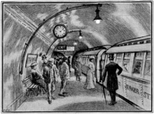 Sketch showing about a dozen people standing on an underground railway platform with a train standing at the platform. Several more people are visible inside the train, which has the words "Baker St" visible on its side.