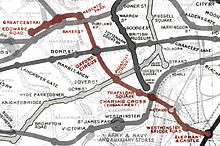 Extract from an historic map of the central London Tube railways, showing the Baker Street and Waterloo Railway highlighted
