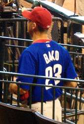A man in a blue baseball jersey faces away from the camera. He is wearing a red baseball cap and has a red T-shirt underneath his jersey, which reads "Bako" in small white print and "23" in larger white print. He is standing between two metal railings.