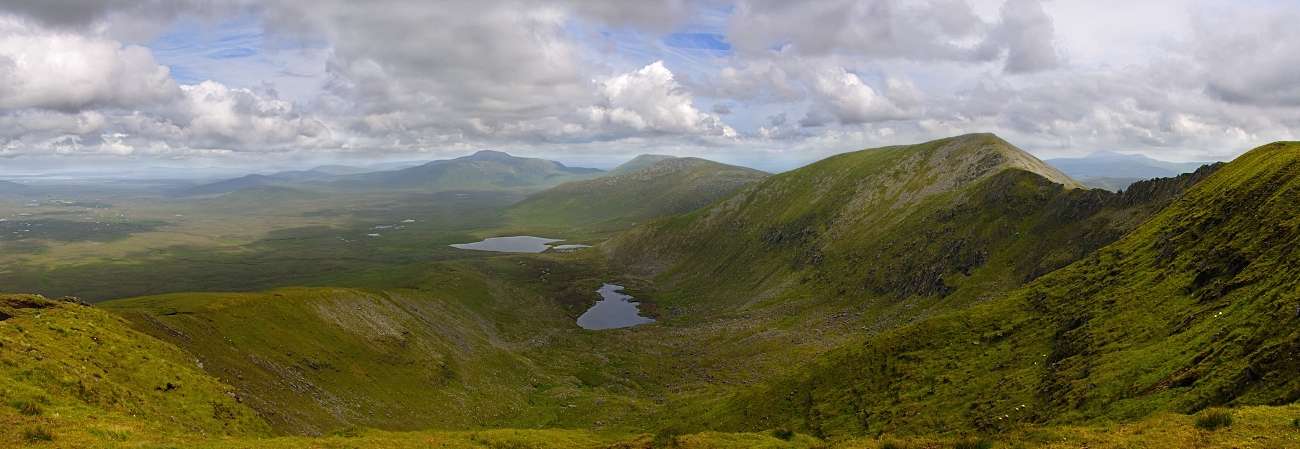 Panorama of Ballycroy National Park with Nephin Beg Range at right of image