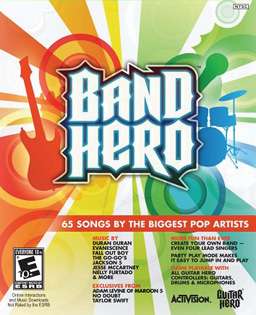 The game's logo "Band Hero" sits in the center of a white background, with a rainbow of colors beams going out to the edges; figures of a guitar, drum kit, and microphone are placed around the logo within the rainbow color scheme. Text details about the game (included bands and songs) are listed at the bottom right of the box.