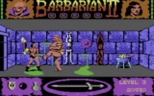 A digital representation of a barbarian, wearing only a loincloth, holds his axe at the ready as a big humanoid monster kicks at him.  On the top left and right corners of the screen are gauges that depict the lives of the combatants.  The word "Barbarian II" lies in the top centre with five globes under it.  The player's score is displayed in the lower right corner.  The lower centre of the screen depicts a sword that acts as a compass.  The lower left panel shows items collected by the player character.