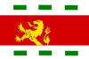 A flag divided in three horizontal bands. The red center band is wider and contains the top half of a gold lion rampant on the left. The top and bottom white bands contain three equally spaced green rectangles each.