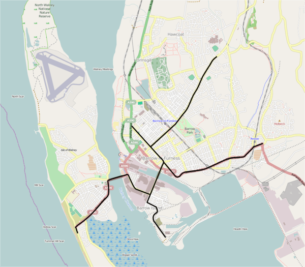 Contemporary map of Barrow showing all former tram lines in black.