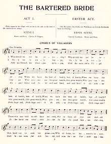 A page of sheet music shows a melody under the headings "THE BARTERED BRIDE", "ACT I.", "SCENE I.", and "CHORUS OF VILLAGERS".