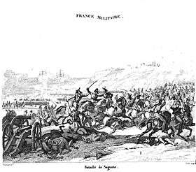 Print of a furious melee with cavalrymen hacking at each other with swords and an abandoned cannon in the left foreground
