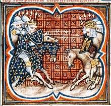 An illuminated picture of two armies of mounted knights fighting; the French side are on the left, the Imperial on the right.