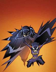 Batgirl drops in front of a charging Batman. The art for the comic book uses the same style as the animation for The Batman.