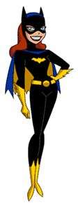 Batgirl as depicted in The New Batman Adventures: Black bodysuit and cowl; yellow bat emblem, belt, scalloped gloves, boots, and cape lining; blue cape; and red hair.