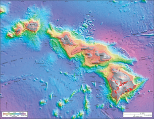 Bathymetric rendering of the Hawaiian island chain showing greater depths as blue, shallower depths as red, and exposed land as gray. The main island is the tallest, the ones in the middle sit on a raised plateau, and three more islands sit separately at the west end of the chain. A series of small elevation bumps (seamounts) sit south of the main landmass.