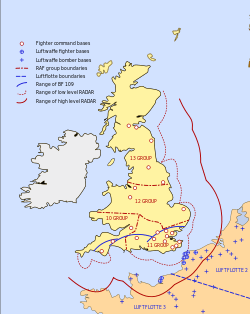 A map of the United Kingdom showing the range of its radar. The ranges reach out into the North Sea, English Channel and over northern France