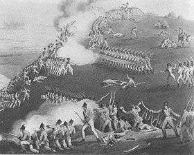 Print showing early 19th Century soldiers atop a hill firing at other soldiers climbing a steep slope