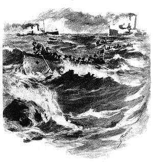 sketch of Marines in rowboast in heavy seas cutting undrsea cables, while two ships in the background return fire
