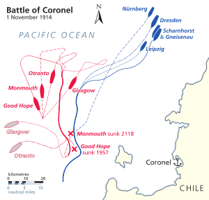 The German ships steamed from the north and the British came from the south; two British ships were sunk and the other two escaped