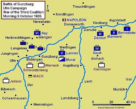 Battle of Gunzburg Campaign Map, situation morning 9 October 1805