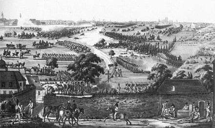 Small groups of armed men are dispersed throughout a rural area; in the foreground, officers on horseback confer. In the middle and background, large groups of mounted men charge a line of foot soldiers. Clouds of dark smoke, possibly gunpowder from the many cannons, hang over the field.