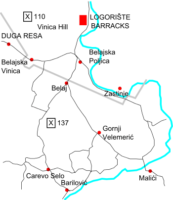 Battle map with the Korana River, brigade boundaries and roads