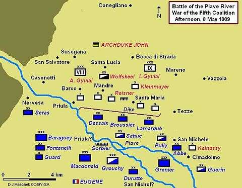 Battle of Piave River, 8 May 1809, showing afternoon positions