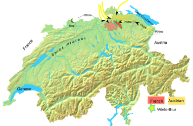 Topographical map of modern Switzerland shows the geographic details of the Swiss plateau, and general locations of the Austrian and French positions.