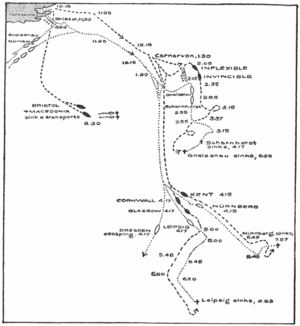 The German ships approached the islands from the south before turning back to the south to try to escape, but each ship was chased down and sunk except Dresden, which escaped.