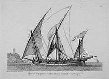 A small vessel with three masts rigged with lateen sails with a low hull profile seen directly from the side. It has a row of five cannons protruding from gunports. The upper portion of its stern has a distinct protrusion towards the rear, which is typical of xebecs.