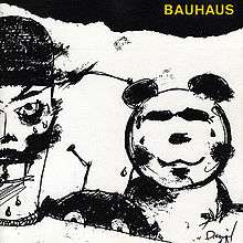 A black-and-white drawing of a panda, a joker-like figure and an alien creature hiding behind the shoulder of the joker. "BAUHAUS" is imprinted in the top-right corner in yellow text.
