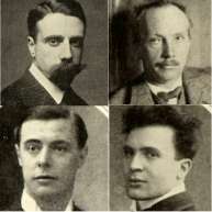face shots of four middle aged men, one bearded, one moustached, two clean shaven