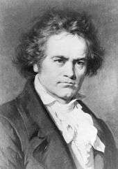 Black-and-white portrait of Ludwig van Beethoven, looking to the viewer's right.