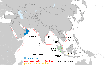 Map of the Middle East, North East Africa, and Asia with red lines from China past Vietnam, round India, into Oman and past it to North Africa