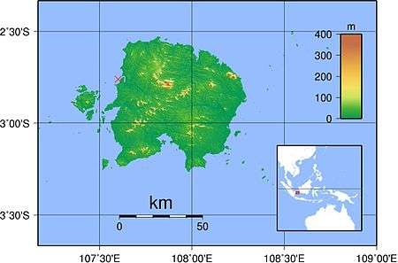 Map of Belitung Island showing the wreck site marked just off the north-west coast
