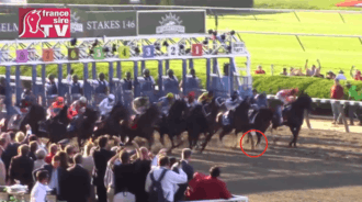 Horses leaving the Belmont Park starting gate at the beginning of a horse race