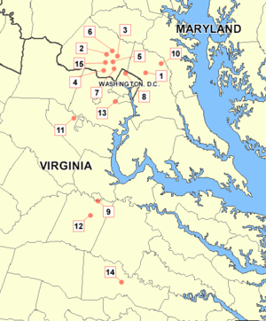 Locations of the fifteen sniper attacks in the D.C. area numbered chronologically.