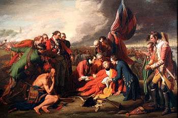 Benjamin West's "The Death of General Wolfe" dying in front of British flag while attended by officers and native allies