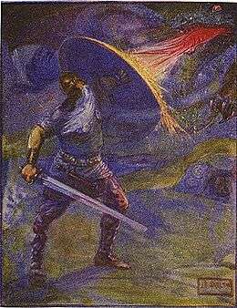 Beowulf, holding a sword, blocks a dragon's fire with his shield.