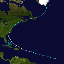Track map of hurricane across the western Atlantic Ocean. Its path forms the shape of a C.