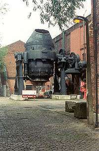The Bessemer Converter located at Kelham Island Museum. The converter is located within an old industrial facility typical of those constructed during the Industrial Revolution.