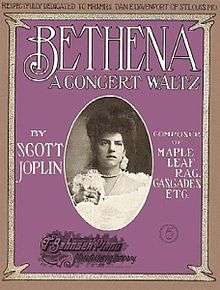 The 1905 front cover of the sheet music shows the title of the work, Bethena, in white lettering on a purple background. In the centre there is a black and white photograph of a young woman wearing white, holding a bunch of flowers.