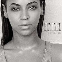 A grayscale image of the upper bust of a woman. She is standing against a wall and she is looking forward, and she wears a T-shirt. At her left, the words "Beyoncé" and "If I Were A Boy" are written in silver capital letters.