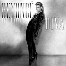 The black and white portrait of the left side of a woman, who is standing in front of a wall. She wears a black jacket with flames on the front, and jeans and heels of the same color. Next to her image, appear the words "Beyoncé" in silver capital letters, in front of her, and "Diva" in white letters, behind her.