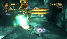 Back view of a woman in green-grey clothes swinging a staff and attacking a large winged creature with claws and a circular, toothed mouth. Game information such as lives displayed and a picture of the woman are displayed in the upper left and right corners of the screen, floating above the other elements.